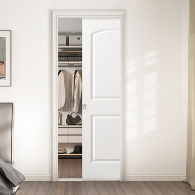 30"X80" Raised 2-Panel Arch Top White Primed Smooth Molded Hollow Core Sliding Pocket Door with Soft Closet Pocket Door Frame Kits and Satin Nickel Privacy Latch