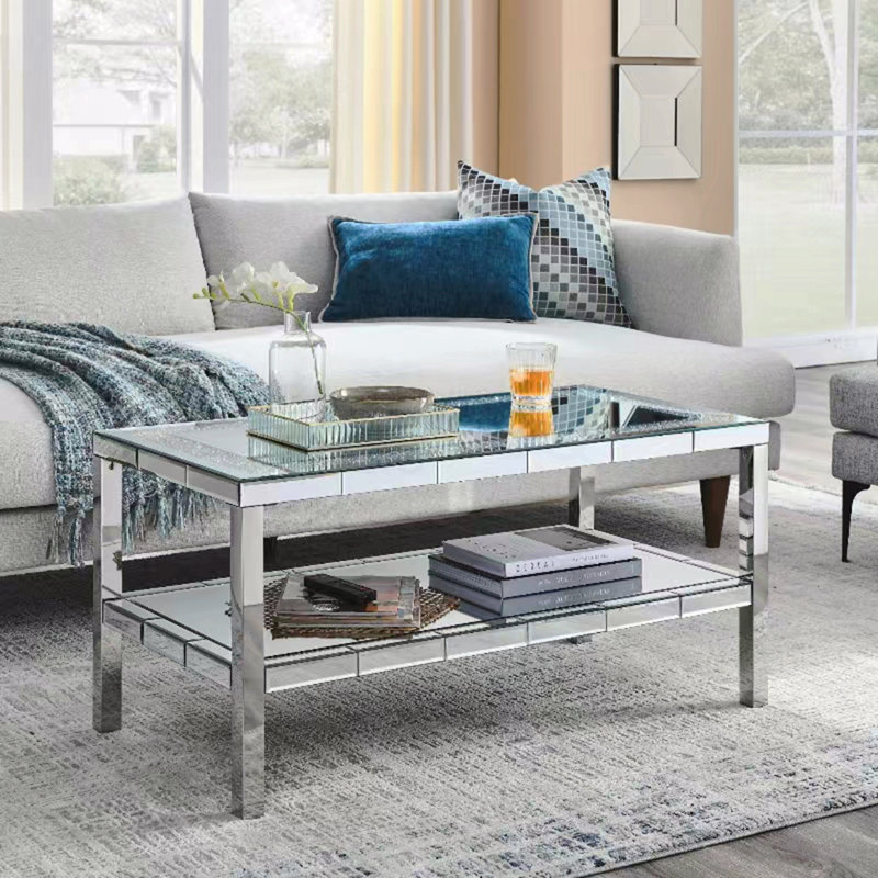 W 39.5" X D 19.5"X H 19.5" 2-Layer Crystal Mirror Stainless Steel Frame Coffee Table For Use In Offices Shops Living Rooms Or Bedrooms