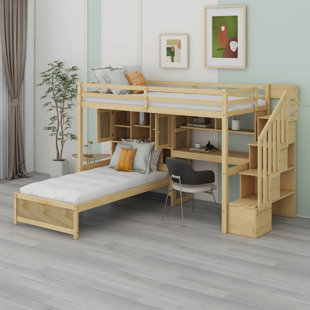 Twin Over Twin Loft Bed With Built-In Desk And Staircase For Kids, L-Shaped Loft Bed With Storage Compartments And Shelves