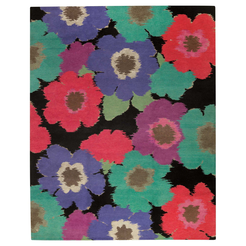 Wool Floral Area Rug in Black/Green/Red/Blue, Rectangle 3' x 5'