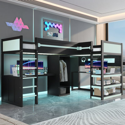 Lit mezzanine en L avec lumières DEL, ports USB, garde-robe et bureaux intégrés