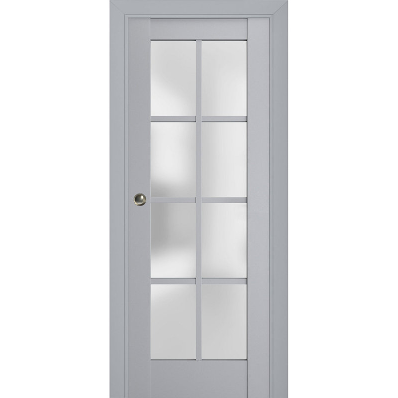 Porte coulissante à galandage avec verre dépoli Veregio 7412, gris mat, ensemble de garnitures, quincaillerie, bois massif, intérieur de chambre, portes robustes - 76 cm x 203 cm