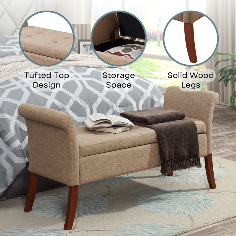 Emma-Jade Upholstery Storage Bench with Solid Wood Legs, Tan Fabric