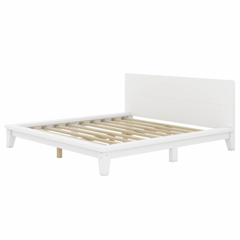 Structure de lit plateforme classique avec tête de lit, support en lattes de bois, Blanc