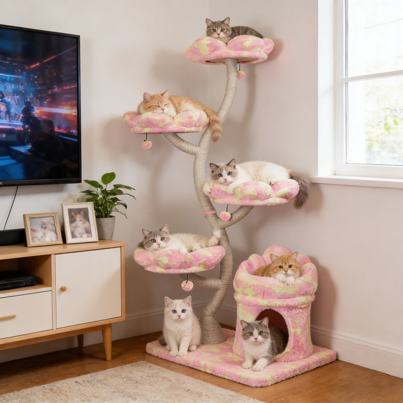 Tour pour arbre à chat 4 couches avec lit pour chat et cachette, arbre à chat multicolore avec poteau à griffer, housses amovibles et lavables