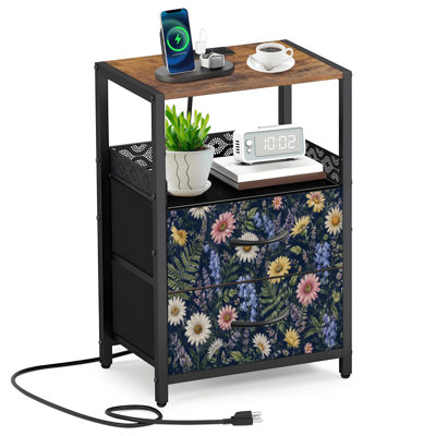 Table de chevet à 2 tiroirs en tissu avec station de charge avec marguerites florales rétro et fleurs jaunes et jaunes