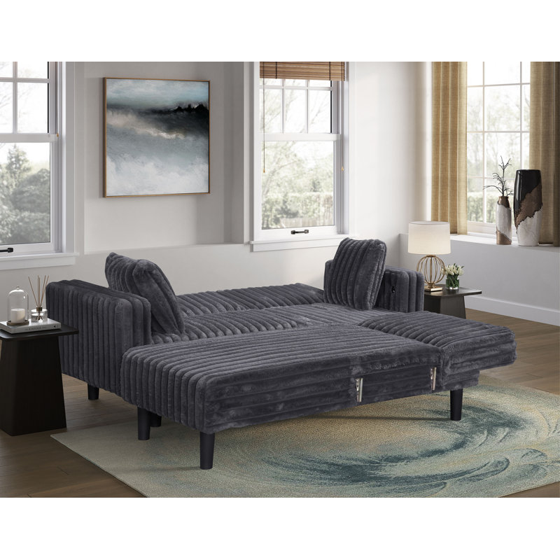 Corduroy Fabric Click Clack Reversible Sectional W/ USB + 2 Accent Pillows, Dark Gray Corduroy