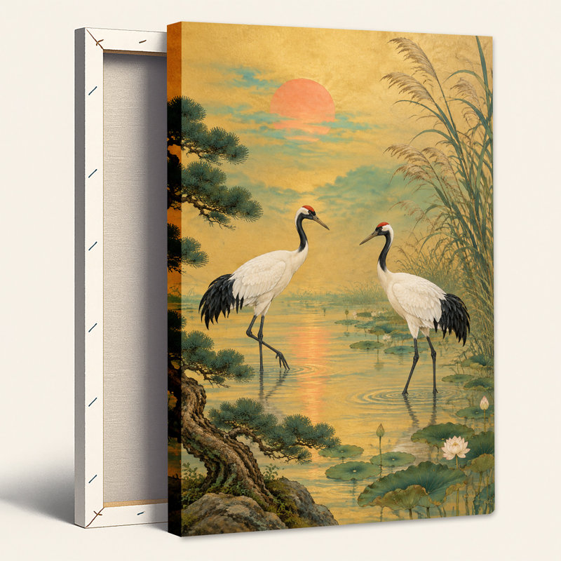 Deux grues couronnées rouges sur fond d'étang de lotus dorés sur toile, H 24 po x l 18 po