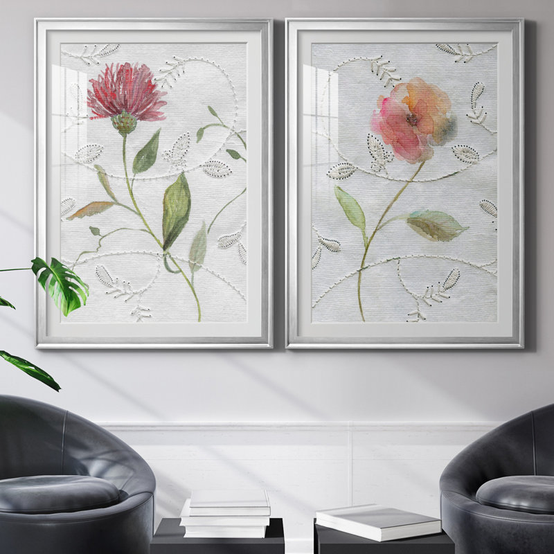 Broderie botanique I - Estampe botanique vintage, encadrée sous verre acrylique, lot de 2, décoration murale pour salon et salle à manger