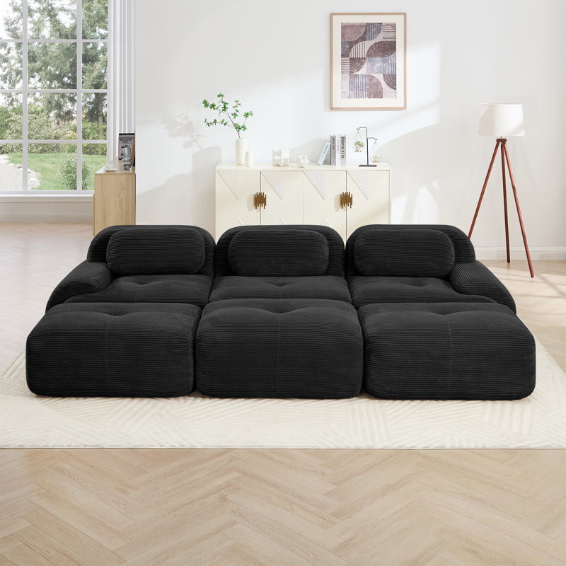 Canapé modulaire en velours côtelé 6 pièces avec 3 repose-pieds Anwen, Velours côtelé noir