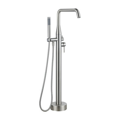 Double Handle Floor Mounted Freestanding Tub Faucet With Handheld Shower In Brushed Nickel