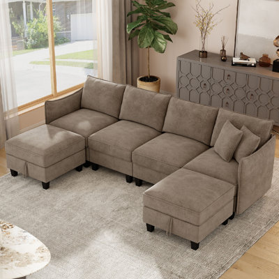 Esai 112" Modern 6 Seat Upholstered Chenille U Shaped Sectional Sofa with Two Storage Ottomans