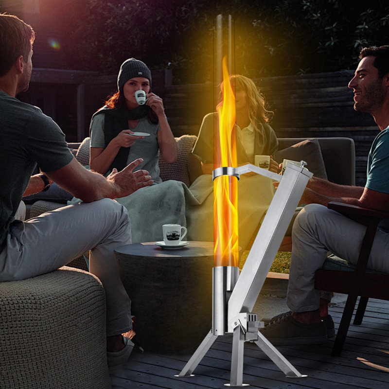 Outdoor Patio Flame Pellet Heater, Portable Pellet Fire Pit With Glass Tube, Tripod Base, Silver