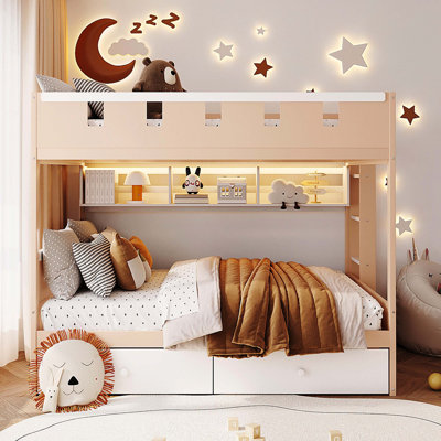 Lit superposé blanc style château avec 2 tiroirs, tablette et lumières DEL