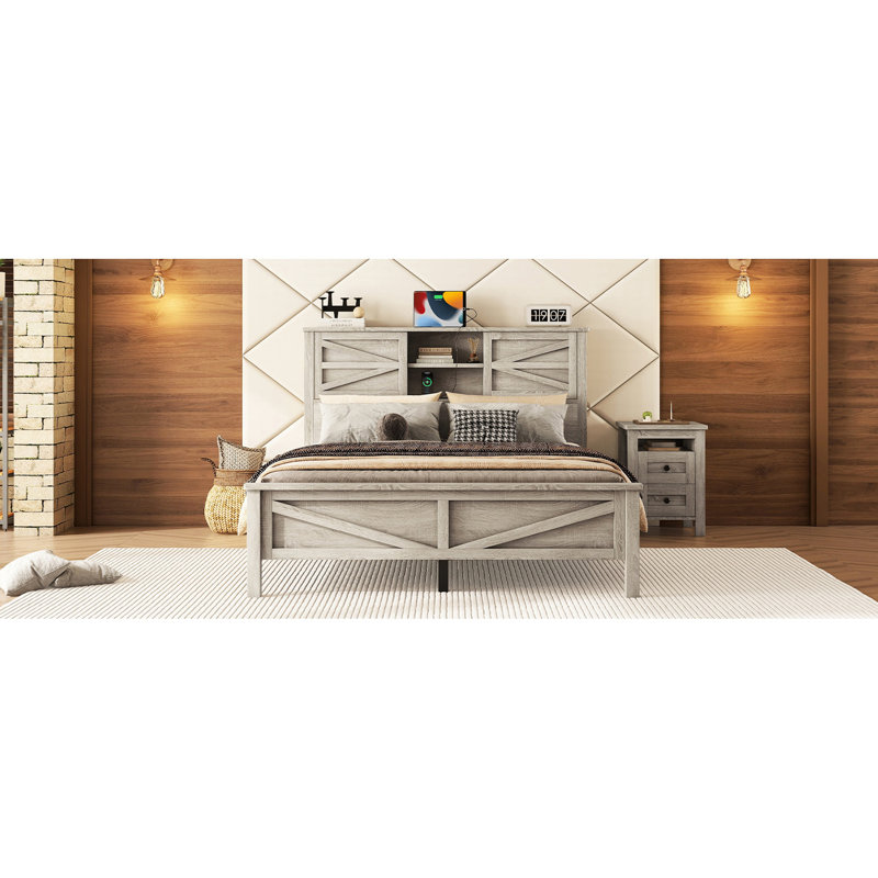 Grand lit en bois de style rustique avec tête de lit à double porte coulissante et point de charge, finition gris antique, support en lattes de bois, plateforme grand lit sans sommier, gris, base, nécessaire
