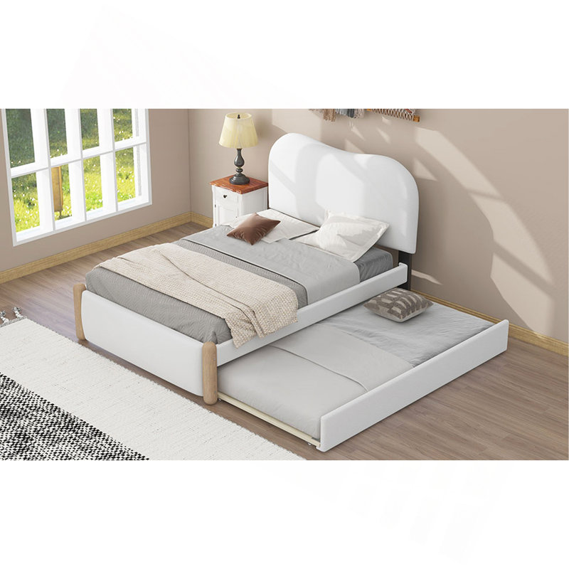 Lit plateforme tapissier avec pieds de support en bois et lit gigogne simple, Lit simple