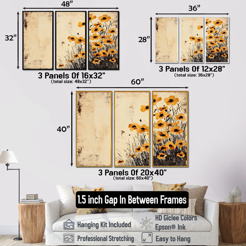 Ensemble de décorations murales bouton d'or - Aquarelle Spring Buttercups, H 32 po x l 48 po, Noir