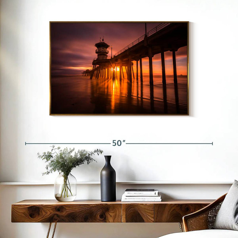 Coucher de soleil à Huntington Beach Pier, Cadre flottant doré, 37 po x 25 po