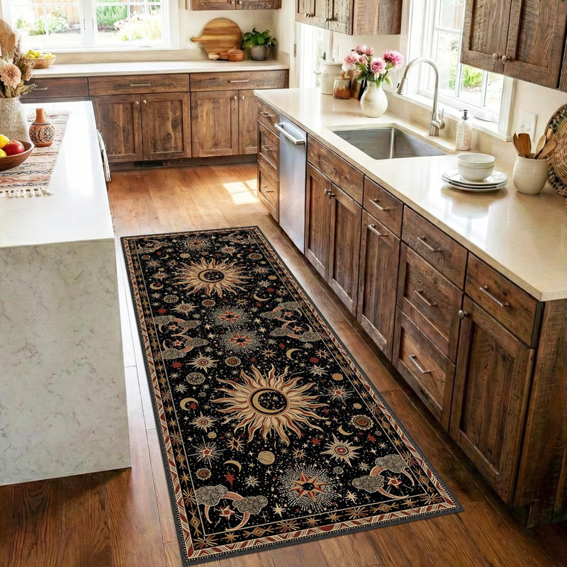 2X6 Area Rugs, Washable Vacuum-Friendly Non-Slip Rug Vintage Boho Sun And Moon Printed Pattern Low Pile Carpet For Living Room Bedroom Dining Room Hallway Entryway,Black Gold Beige Red