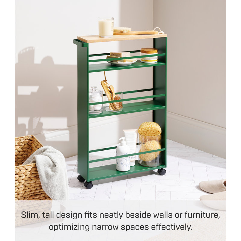 Forest Green Slim Rolling Three-Tier Storage Cart with Wooden Top