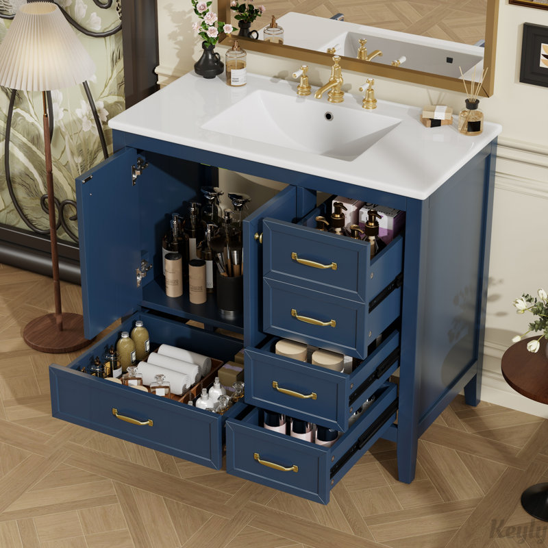 Meuble-lavabo 36 po avec lavabo, porte à fermeture douce, 4 tiroirs, Bleu