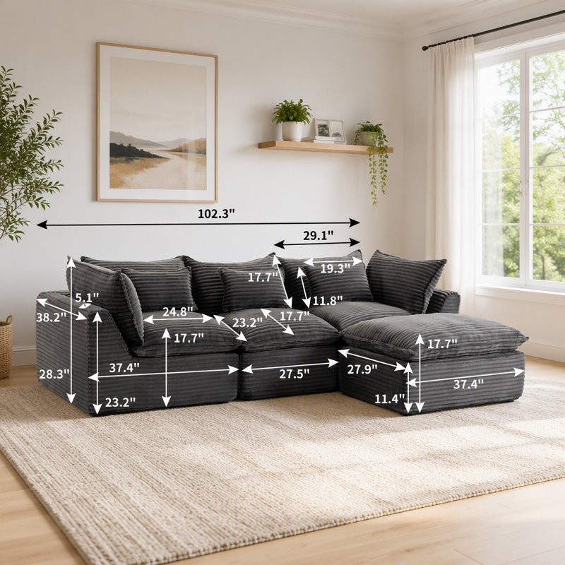 Canapé modulaire surdimensionné Cloud Couch True Relax Comfy Couches, Corduroy Antique Grey+3Seat+1Ottman