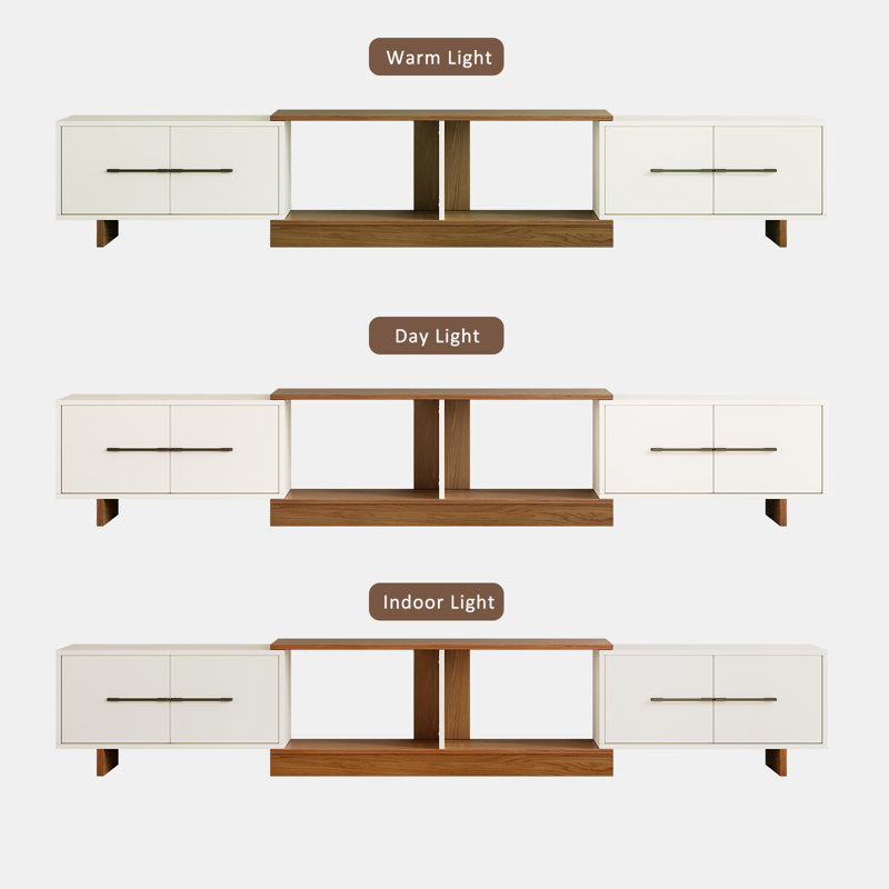 Extendable Tv Stand, Modern Tv Stand With 4 Large Cabinets, Entertainment Center Accommodates 120-Inch Tv, Ideal For Living Rooms, Wood Grain/White Finish