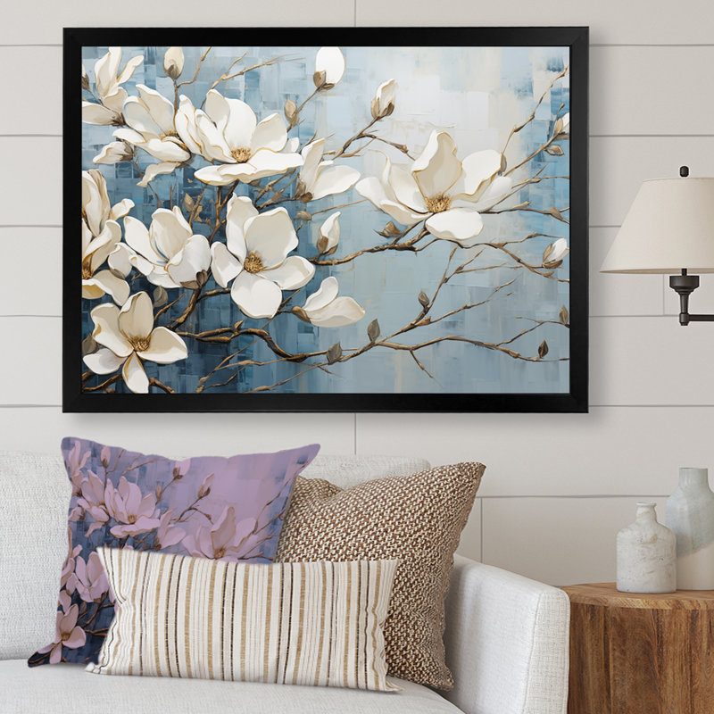 «Blue and Gold Painted Magnolias VI», art mural sur toile Magnolias, H 34 po x l 44 po, Cadre photo unique, Noir