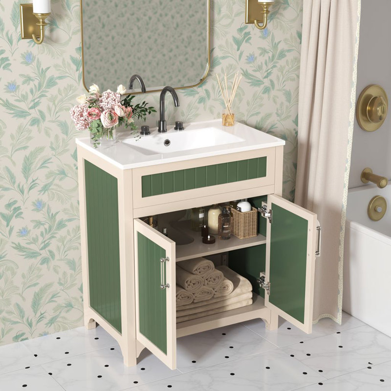 Meuble-lavabo autoportant de 30 po avec lavabo en céramique et tablette réglable, structure en bois massif