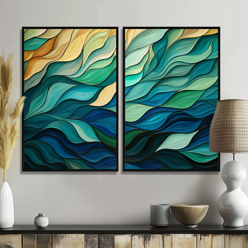 «Green and Yellow Gleaming Ink I», art mural abstrait, Noir, H 36 po x l 48 po, Impression encadrée flottante