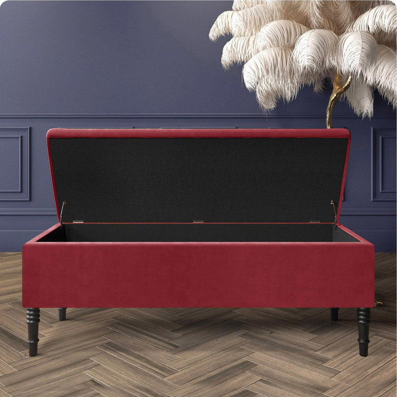 Paris Plain Ottoman Storage Bench - Plush Velvet Shoe Bench - Upholstered Footstool with Storage, Claret Red Plush Velvet