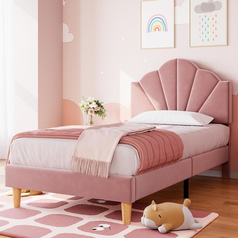 Structure de lit rembourrée en velours avec tête de lit réglable, Rose