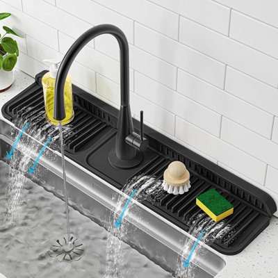 24 Inch Faucet Mat For Kitchen Sink Splash Guard, 7° Slope Silicone Sink Water Splash Guard For Kitchen Sink Area With Snap Button, Longer Sink Protec