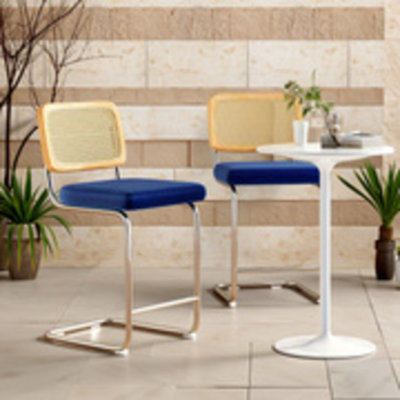 2-piece Bar Stool Set Wicker-backed With Faux Leather Seat 300lb Weight Capacity Modern Style For Kitchen Islands And Bars Blue
