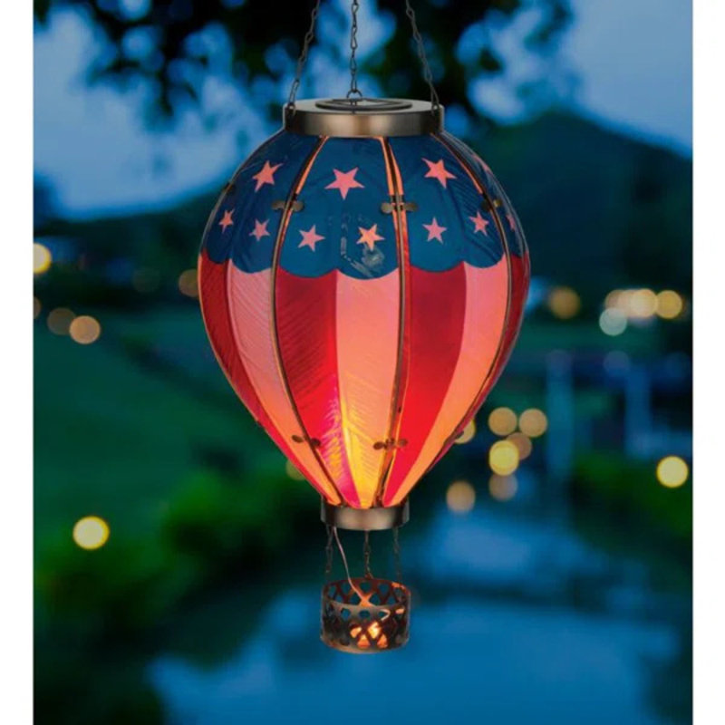27" Hanging Solar Hot Air Balloon Lantern with Glass Panels and Metal Frame, Americana