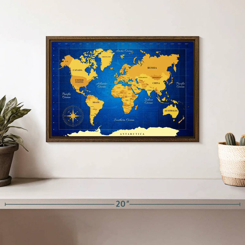 Carte du monde jaune, 13 po x 9 po, Cadre flottant noyer