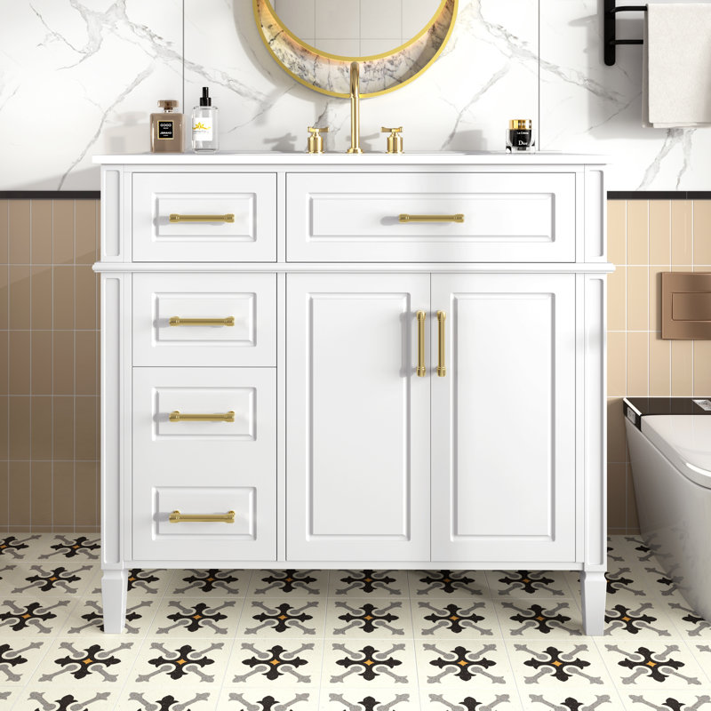 Meuble-lavabo simple 36 po avec 4 tiroirs (1 tiroir rabattable), 36 po, blanc, White