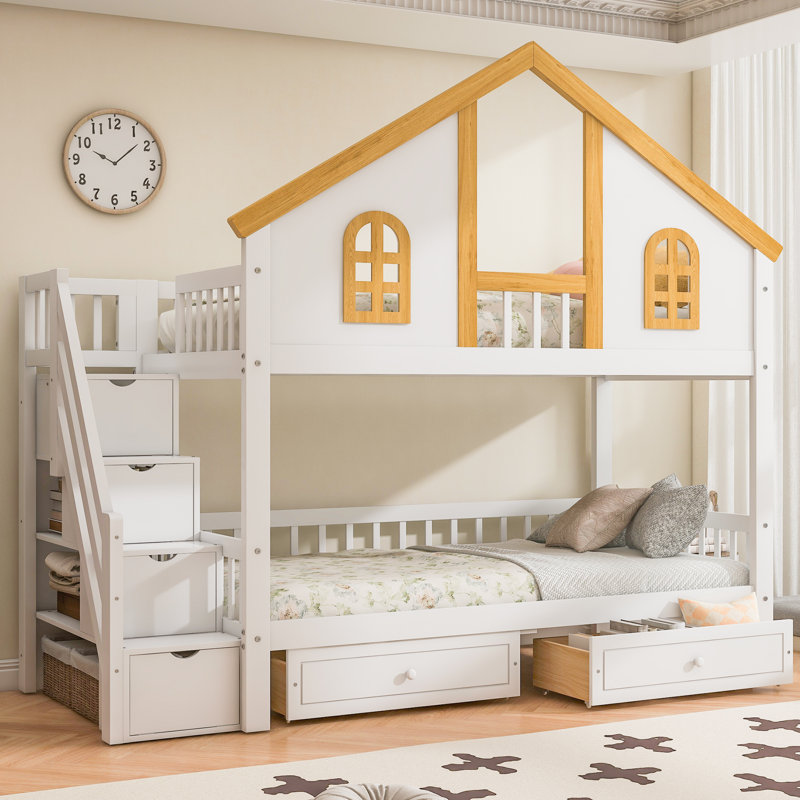 Twin Size Wooden House Roof Bunk Bed with Window Door and Roof,Storage Drawers and Staircase,White+Natural, Twin