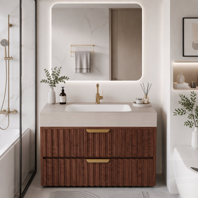 Meuble-lavabo flottant moderne avec plateau en pierre frittée sans soudure et lavabo en céramique, 2 tiroirs, Stone Gray