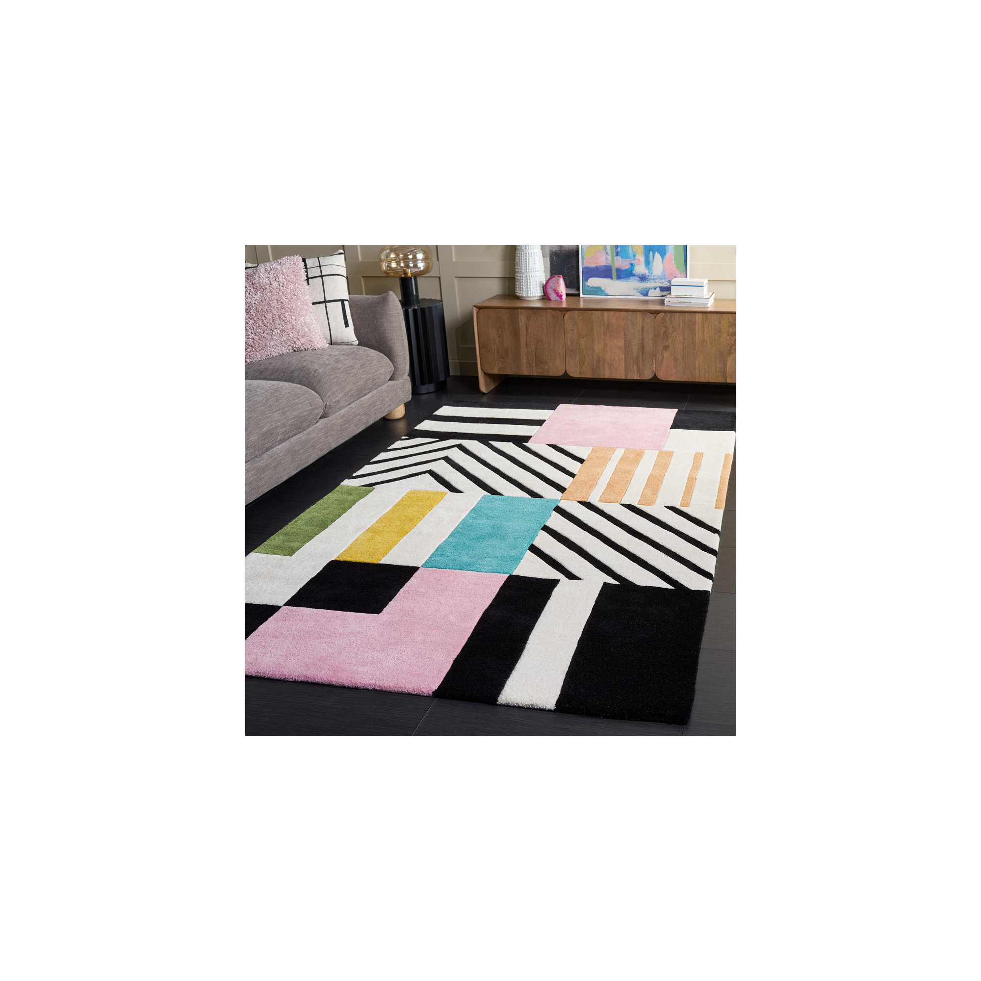 Tripoli Hand Tufted Wool Ivory/Black/Pink Rug, Rectangle 5' x 8'