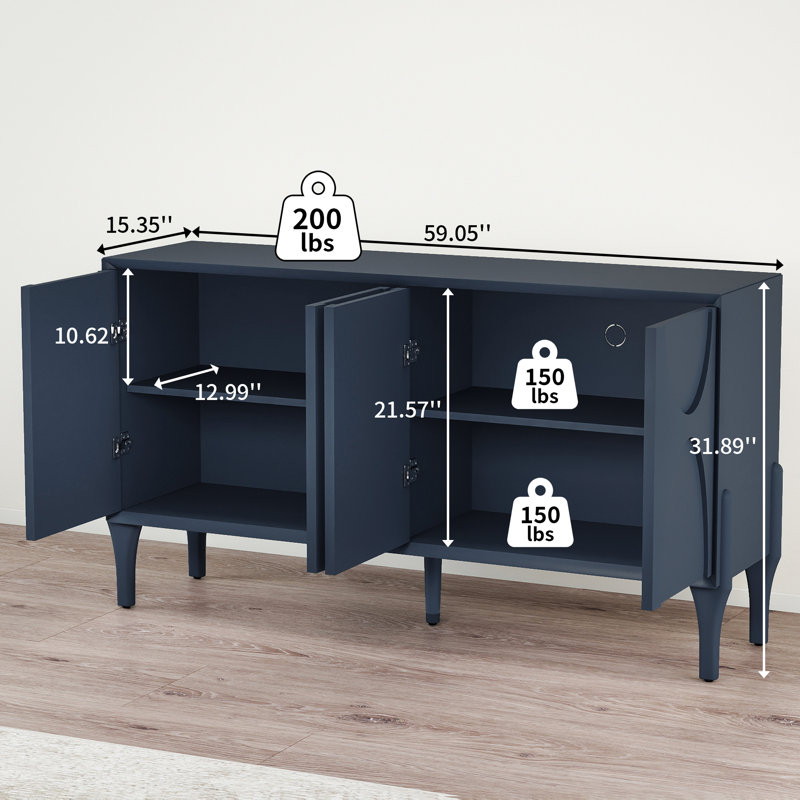 59" Storage Sideboard Cabinet, Mid-Century Modern Buffet with Adjustable Shelves and Solid Wood Legs for Dining Room or Living Room ，Blue