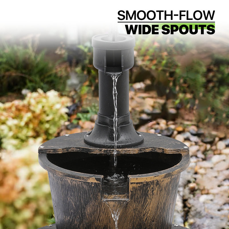 Rustic Brown 2-Tier Barrel Waterfall Fountain with Pump
