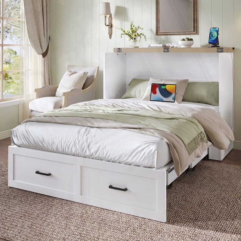 Lit plateforme multi-fonctionnel pliable avec tiroir, Double, Blanc