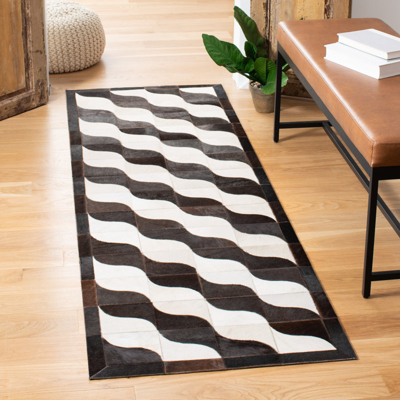 Miltmore Hand Woven Leather/Felted Cloth Geometric Rug in Ivory/Black, Runner 2'3" x 7'