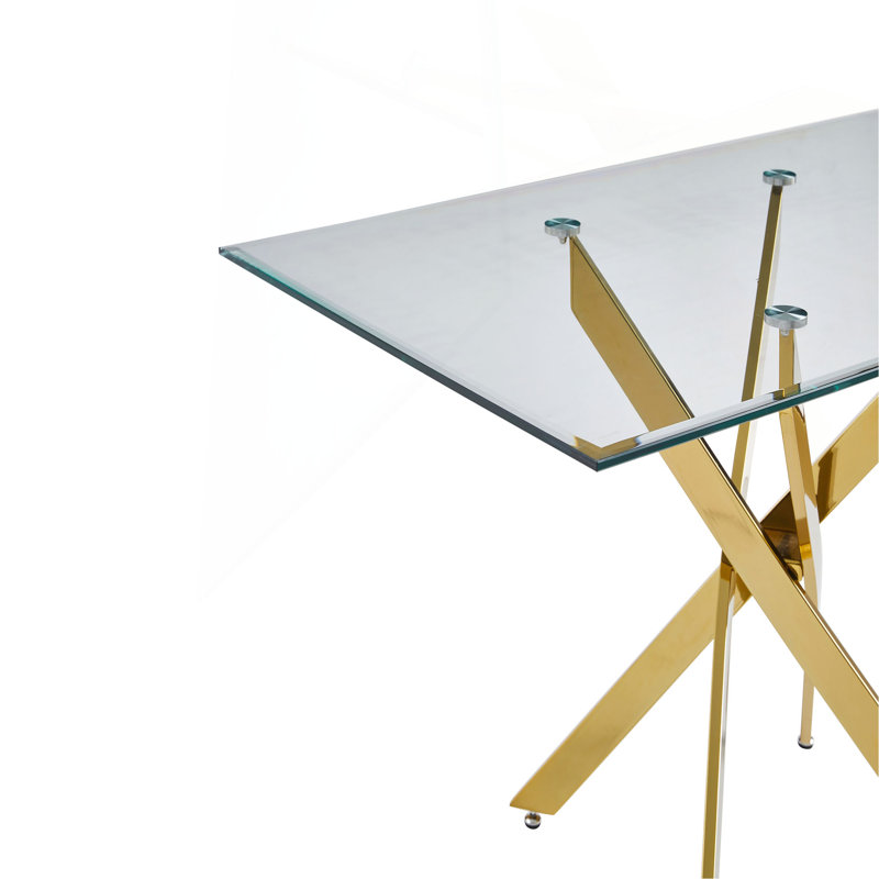 Table rectangulaire moderne en verre trempé et structure en fer, H 29,53 po x L 59,06 po x l 35,43 po, Or