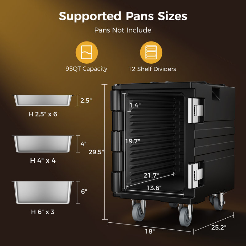 Cammoo 95qt Insulated Food Pan Carrier, Catering Food Warmer With Swivel Casters For 6 Full-size Pans, 304 Stainless Steel Latch, Hot Box For Catering Restaurant Party