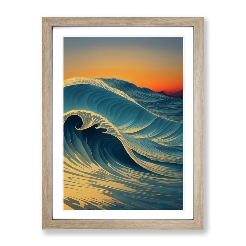 XV1022-3049X Ocean Wave At Sunset No.1 1 Piece Single Picture Frame Wall Art, 34cm H x 25cm W, Oak