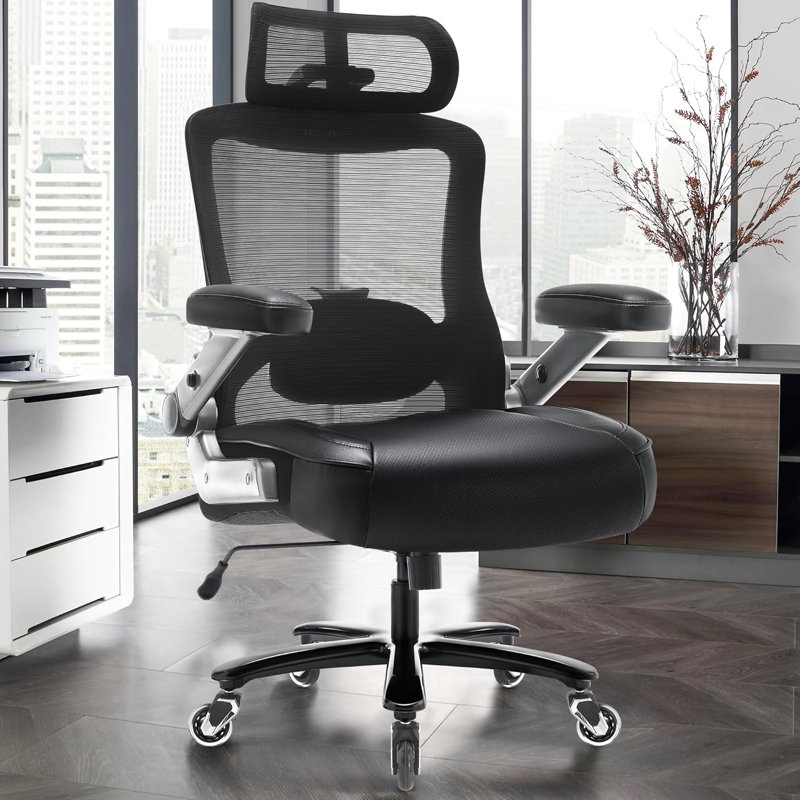 500lbs Big and Tall Office Chair- Heavy Duty Executive Computer Chair with 3D Flip Arms, Large Wheels, Ergonomic Mesh High Back Desk Chair, Extra Wide Seat Adjustable Lumbar Support & Headrest