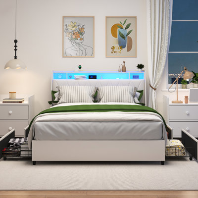 White Full Size Platform Bed Frame With Ergonomic Headboard, Built - In Outlets, , Led , And Storage For A Peaceful Night Outlets Restful Sleep