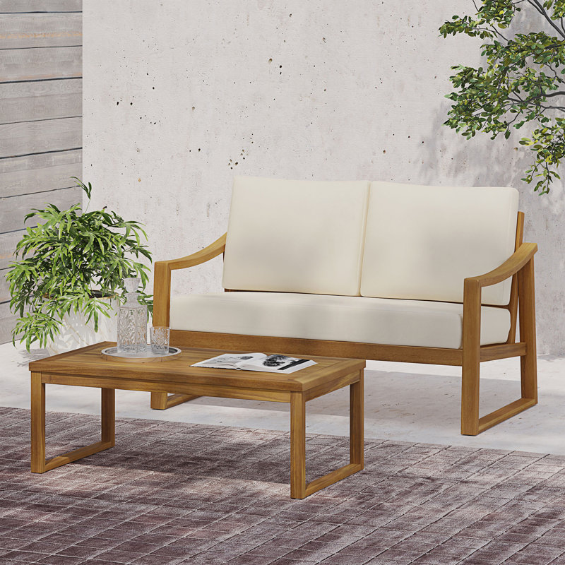 Ensemble élégant de table basse et causeuse avec coussins résistants à l'eau, Coussin beige / structure en teck